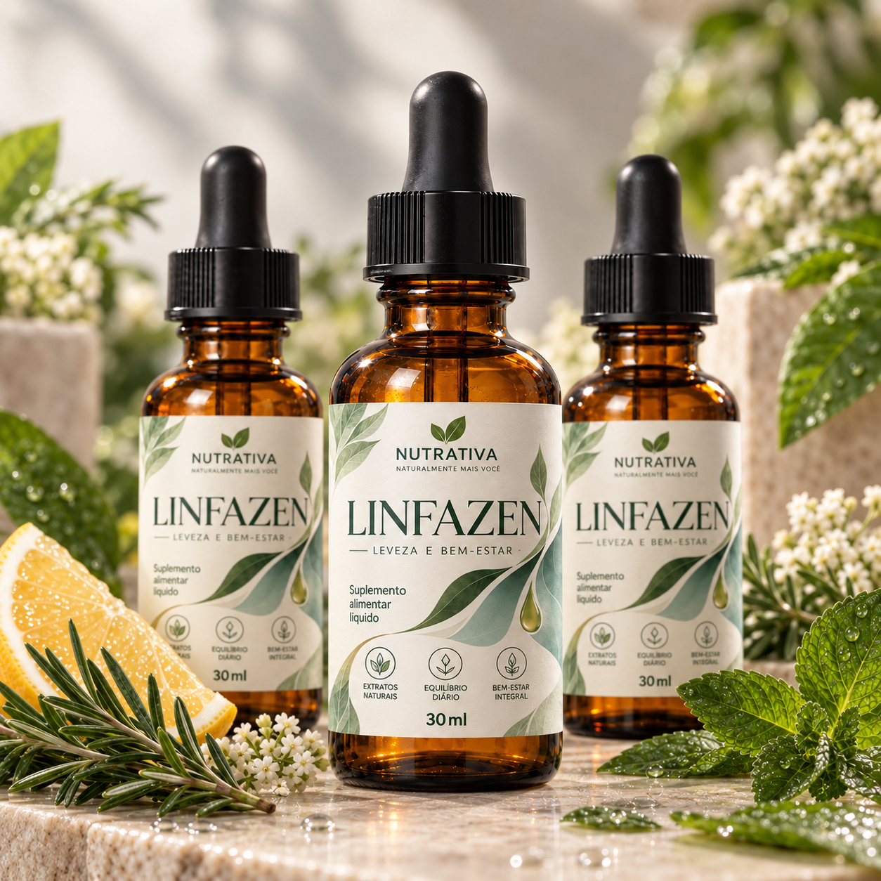 Três frascos de Linfazen da Nutrativa, com folhas e frutas ao redor